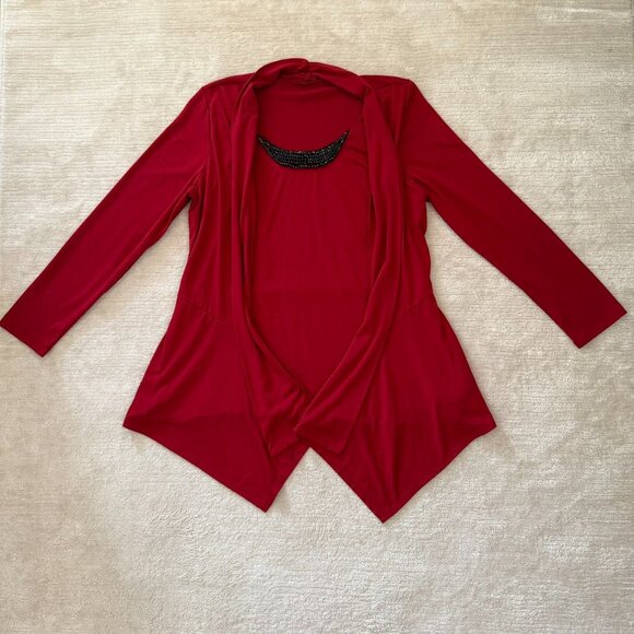 Red Womens Size XL Twofer Open Front Cardigan Top Black Beaded Neckline - Picture 3 of 7
